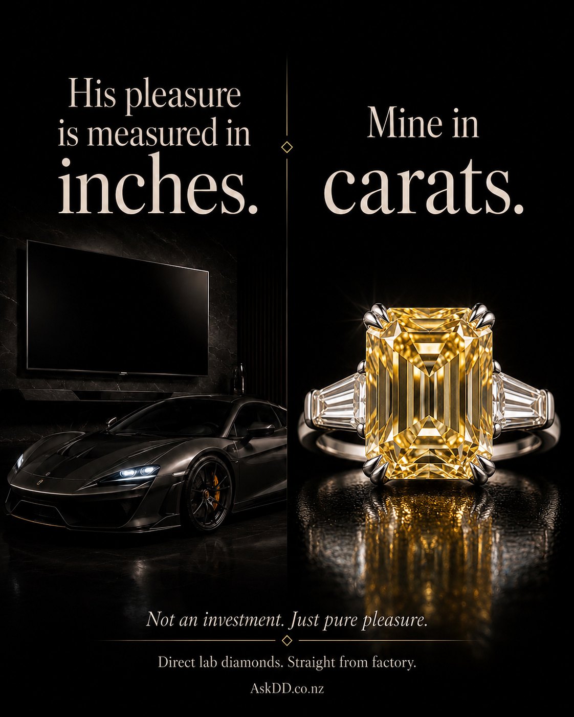 Campaign: his pleasure is measured in inches, mine in carats — not an investment, just pure pleasure