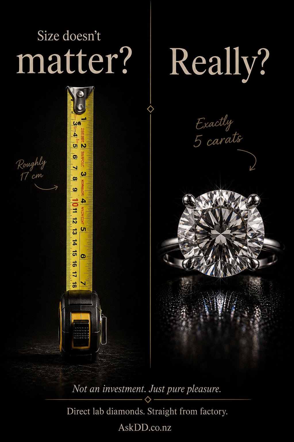 Size doesn’t matter? Really? — roughly 17 cm versus exactly 5 carats.