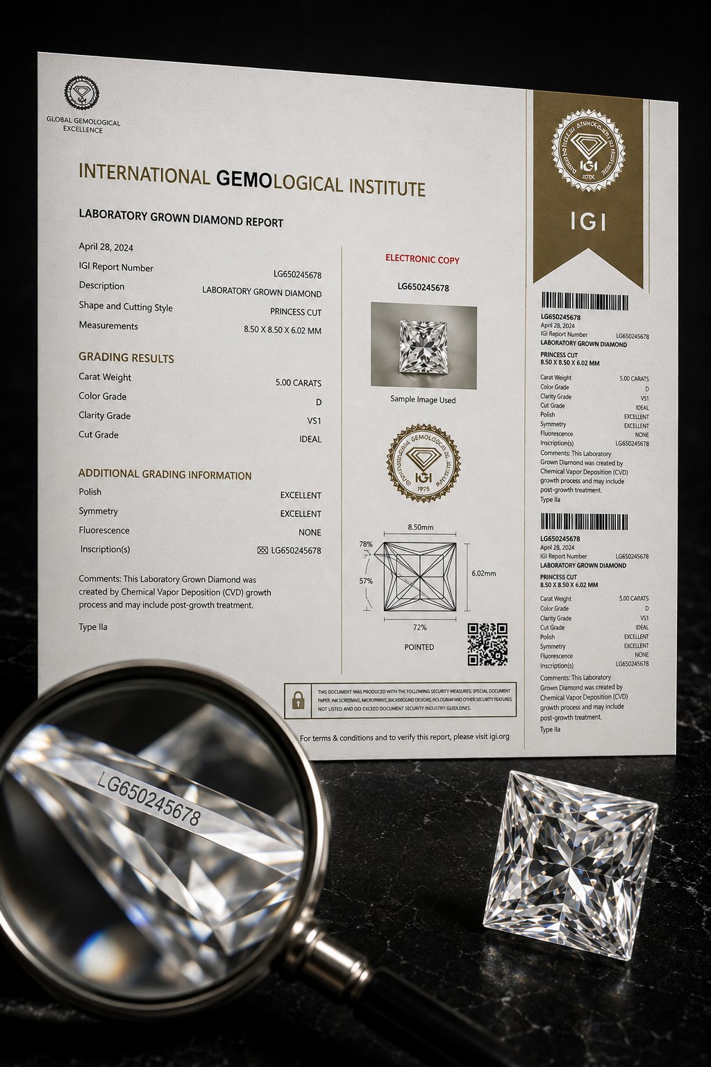 IGI laboratory-grown diamond report, stone and girdle inscription under magnification